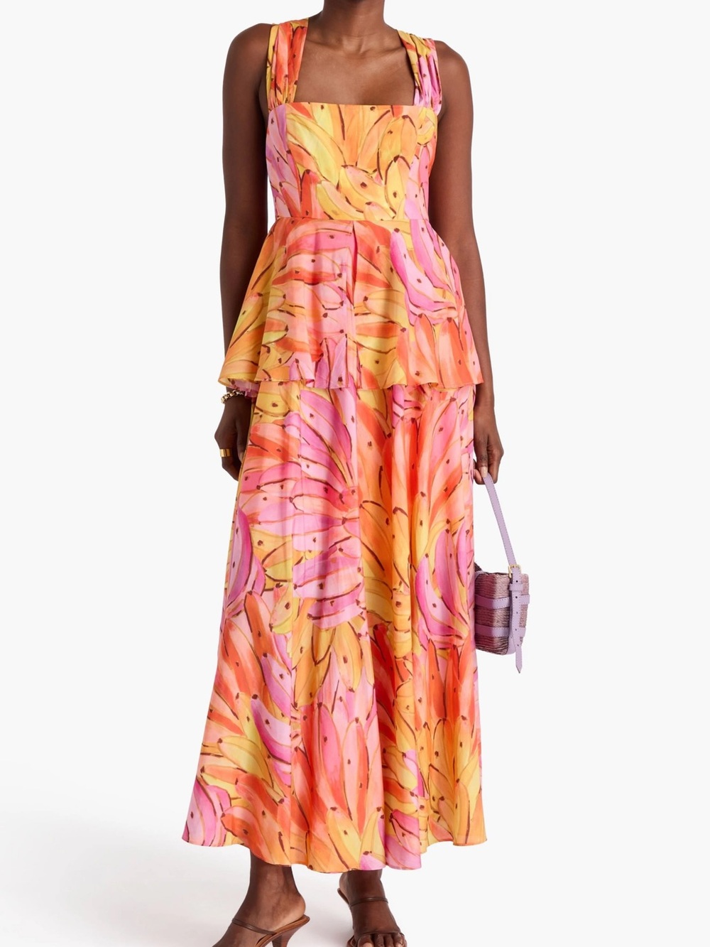Farm Rio Sleeveless Bananas Tiered Maxi Dress Sz M